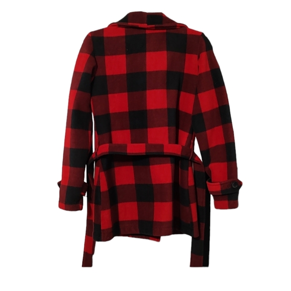 Red & Black Buffalo Plaid Ike Behar Fleece Coat with Belt sz Small - Picture 3 of 7